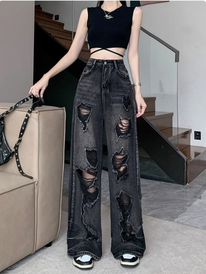 Unisex Wide-Leg Pants Distressed Textile Details