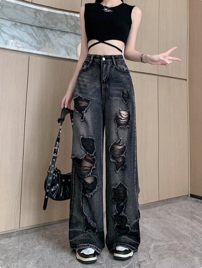 Unisex Wide-Leg Pants Distressed Textile Details