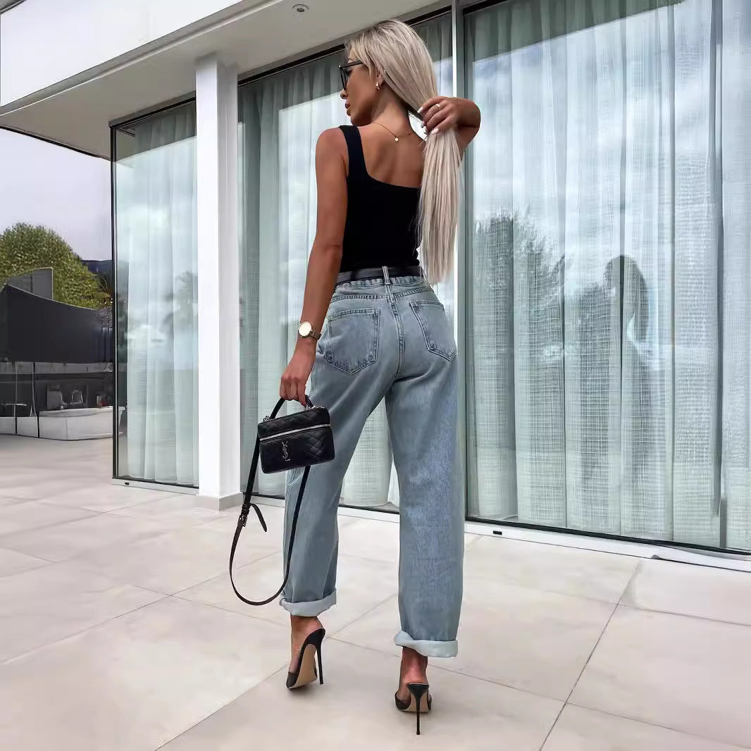Unisex Straight-Leg Jeans Distressed Detail