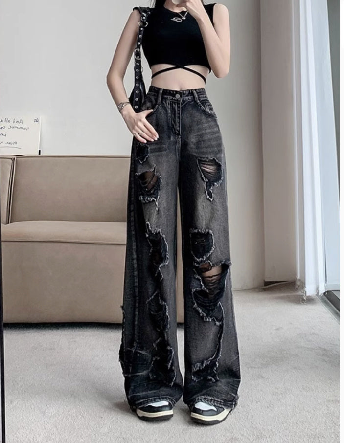 Unisex Wide-Leg Pants Distressed Textile Details