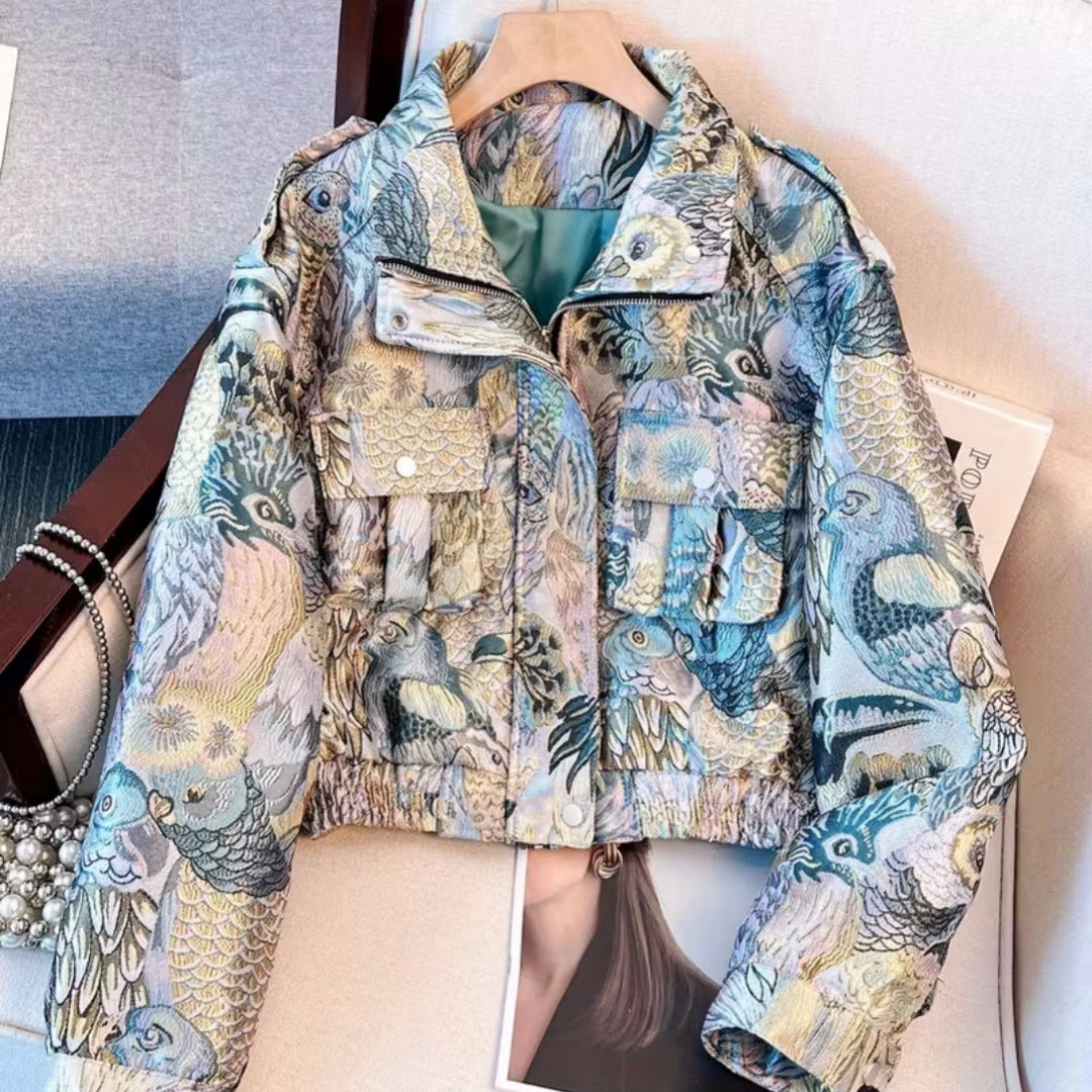 Women’s Printed Corduroy Jacket with Peacock Design