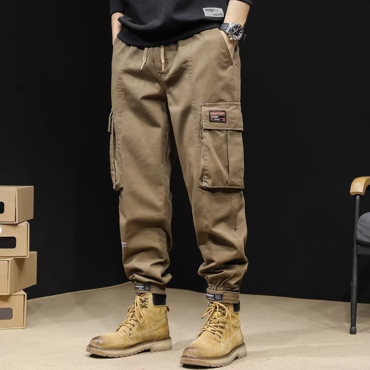 Unisex Tapered Pants Multiple Pockets