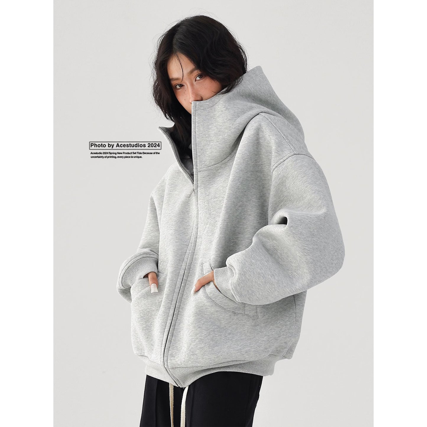 Unisex Loose Fit Cardigan Zip-Through Front Closure