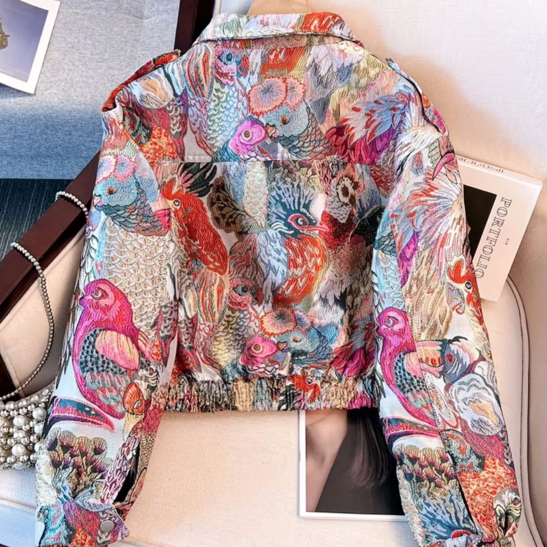 Women’s Printed Corduroy Jacket with Peacock Design