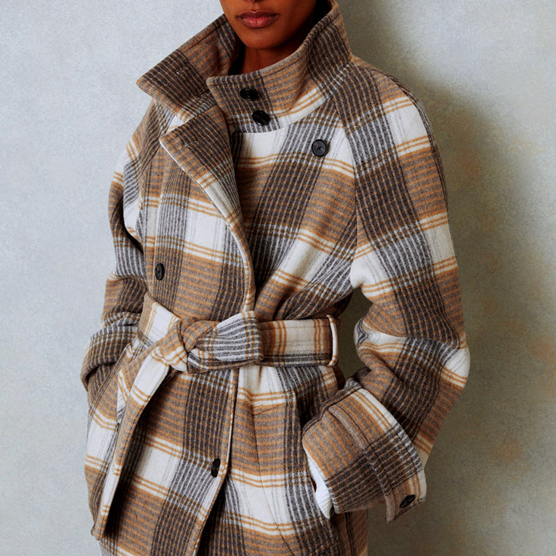 Women’s Plaid Long Coat with Waist Belt