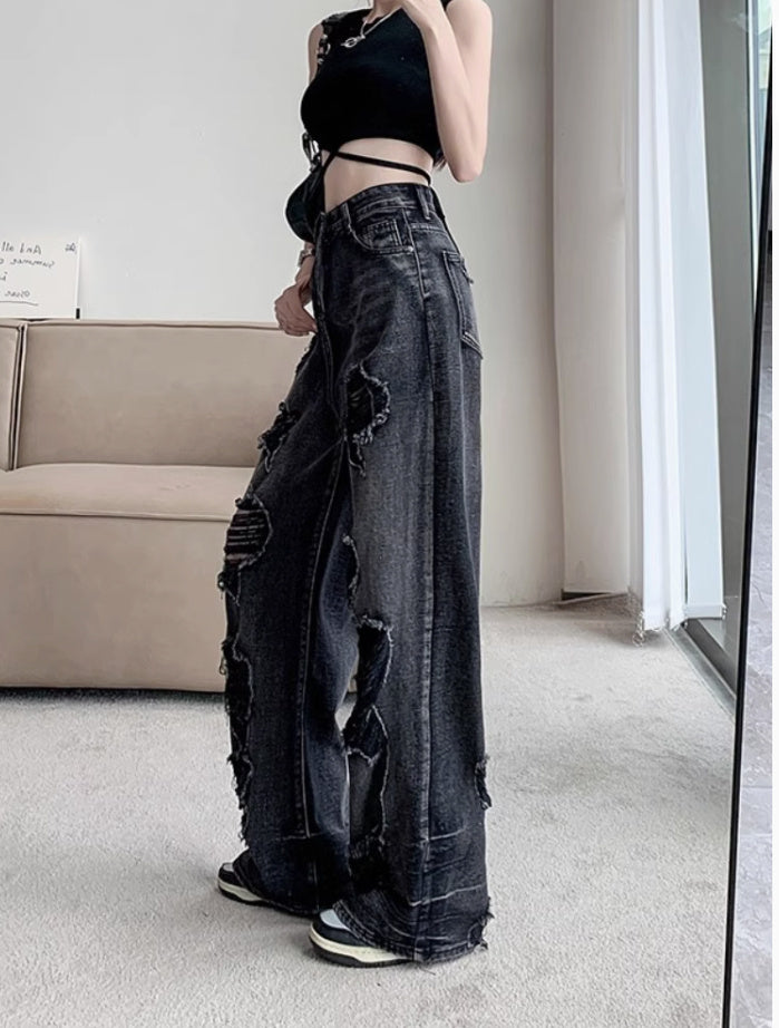 Unisex Wide-Leg Pants Distressed Textile Details