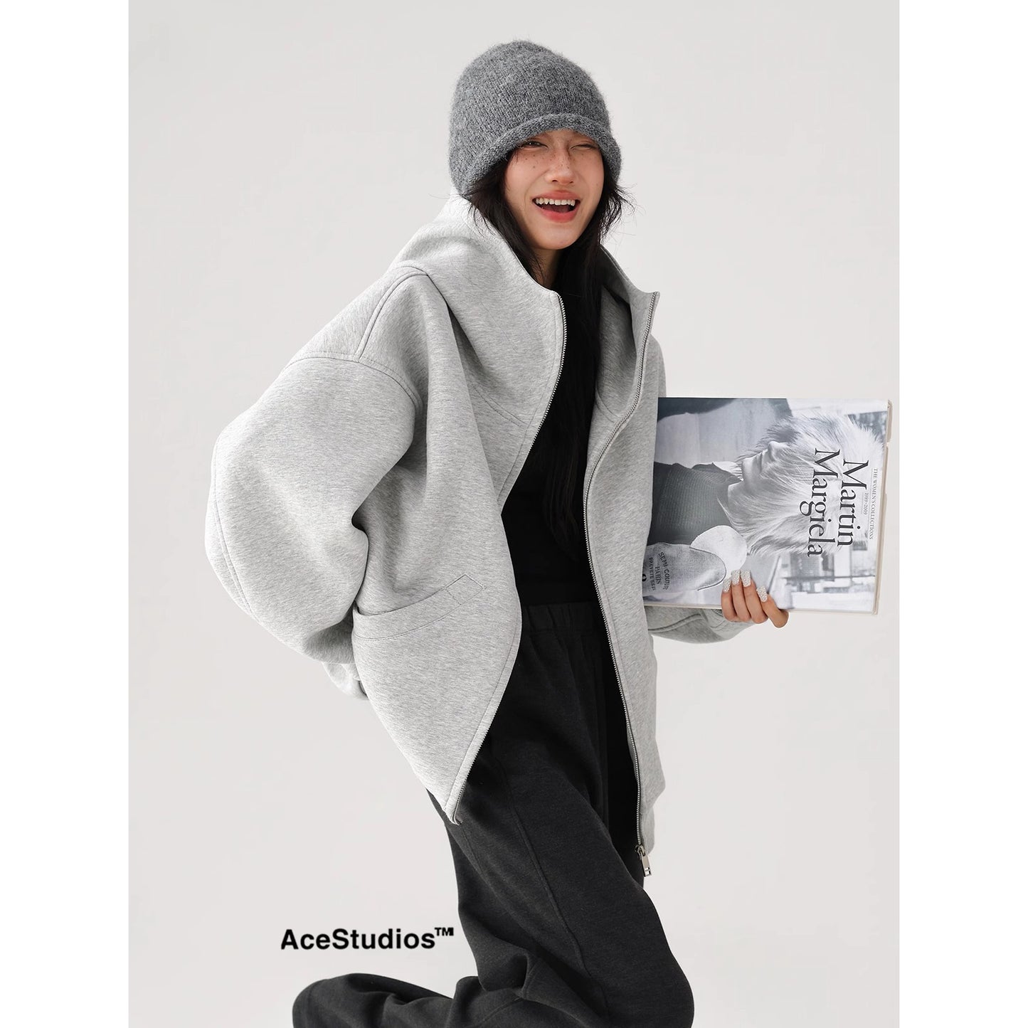 Unisex Loose Fit Cardigan Zip-Through Front Closure