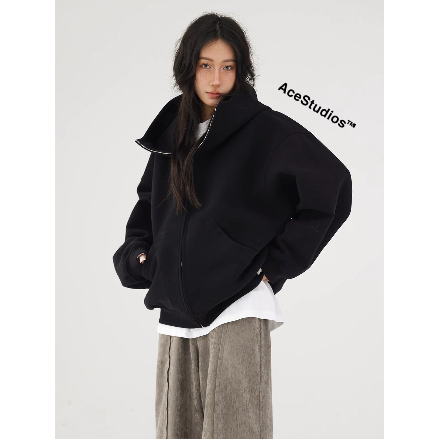 Unisex Loose Fit Cardigan Zip-Through Front Closure