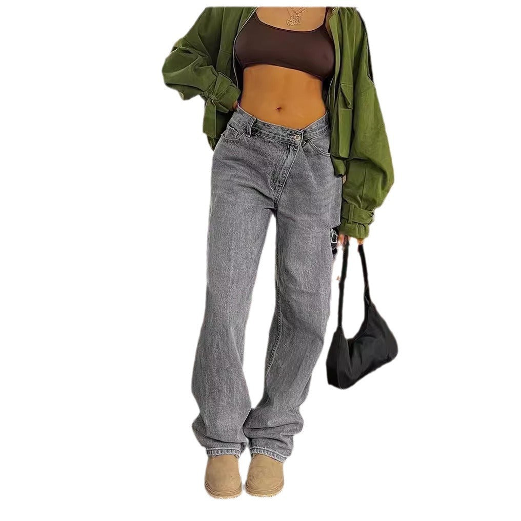 Women’s Low-waist Loose-fit Ripped Jeans with Oblique Waist