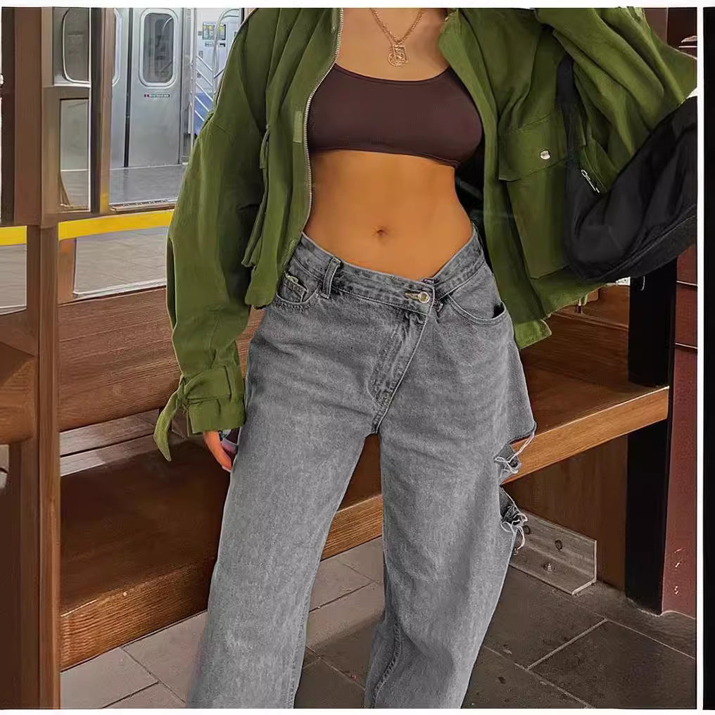 Women’s Low-waist Loose-fit Ripped Jeans with Oblique Waist