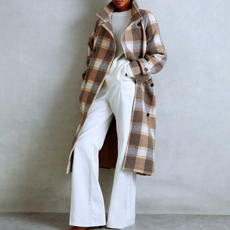 Women’s Plaid Long Coat with Waist Belt