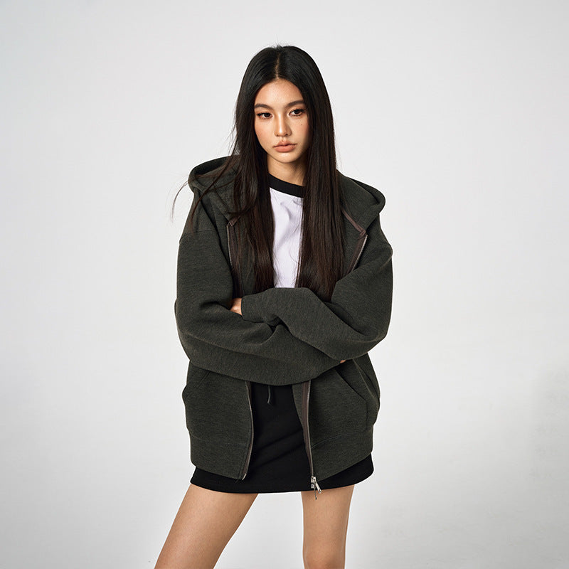 Unisex Loose Fit Zip-Through Jacket Dual Zipper