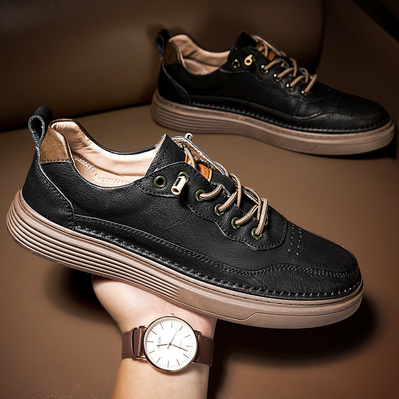 Unisex Low-top Cowhide Leather Lace-up Flat Shoes