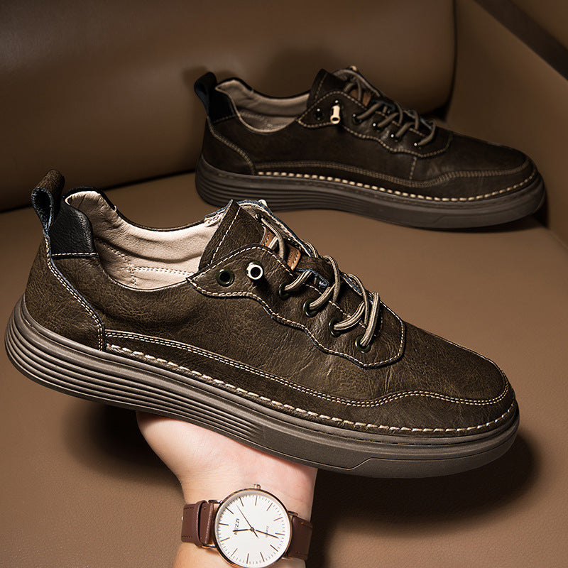 Unisex Low-top Cowhide Leather Lace-up Flat Shoes