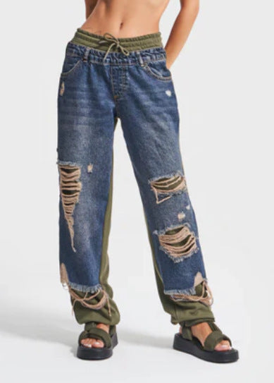 Unisex Straight-Leg Jeans Distressed Patchwork Adjustable Waist