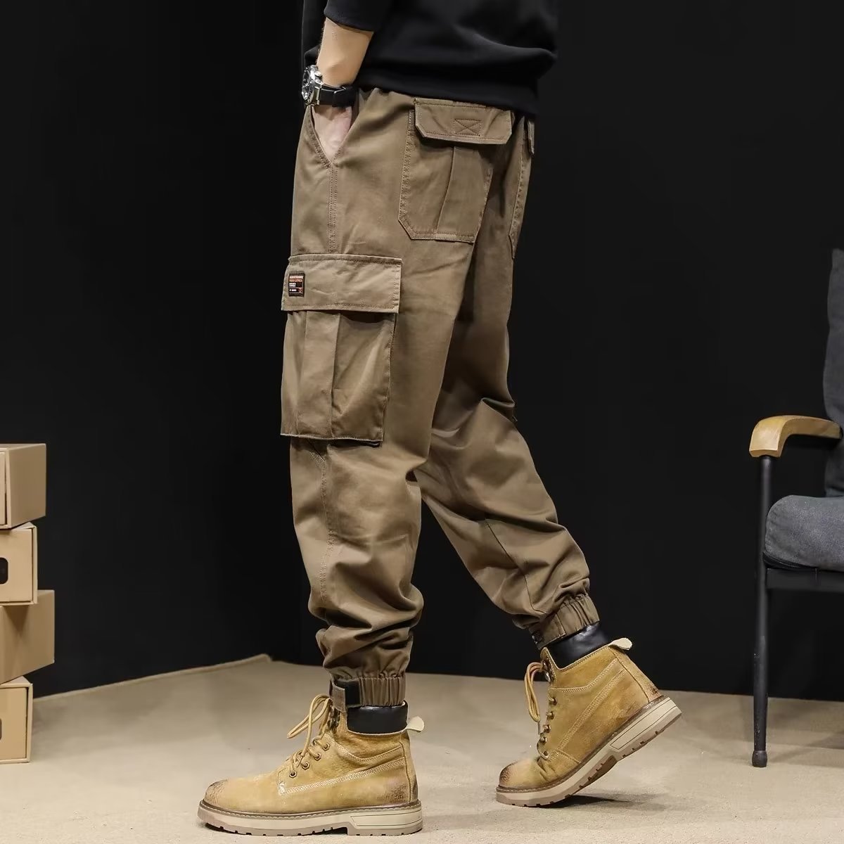 Unisex Tapered Pants Multiple Pockets