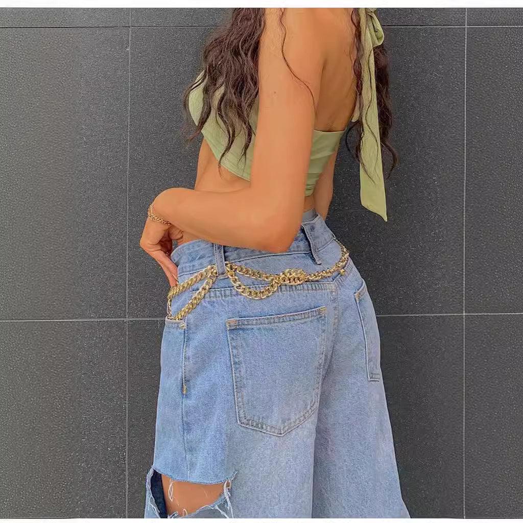 Women’s Low-waist Loose-fit Ripped Jeans with Oblique Waist