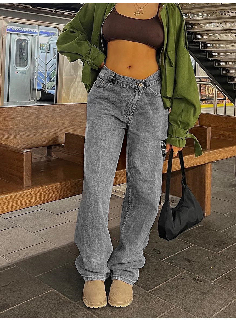 Women’s Low-waist Loose-fit Ripped Jeans with Oblique Waist