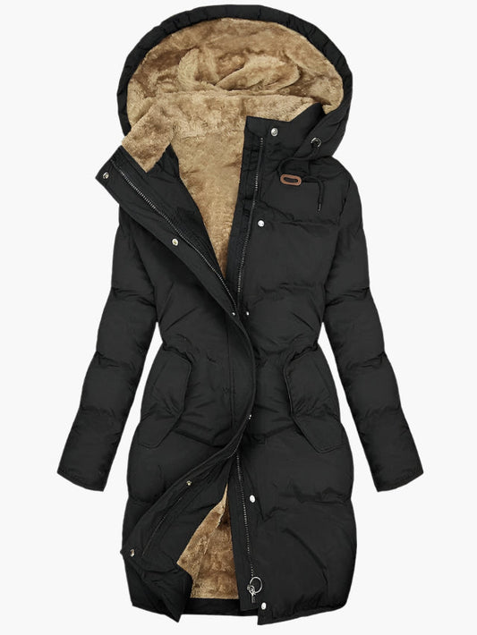 Long Puffer Coat with Hood and Fleece Lining