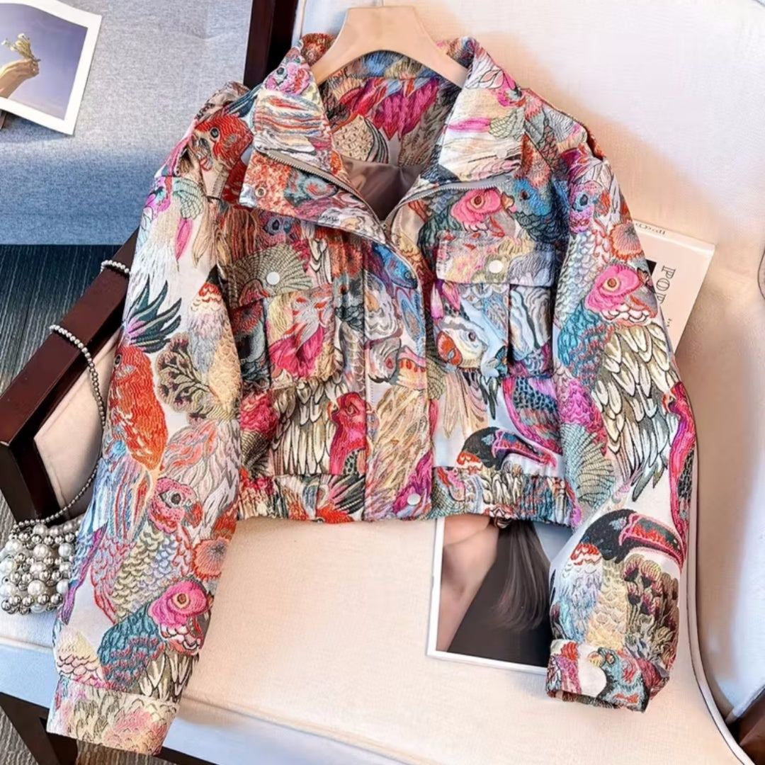 Women’s Printed Corduroy Jacket with Peacock Design