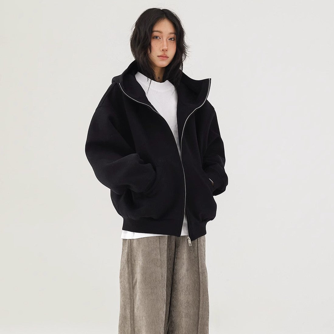 Unisex Loose Fit Cardigan Zip-Through Front Closure