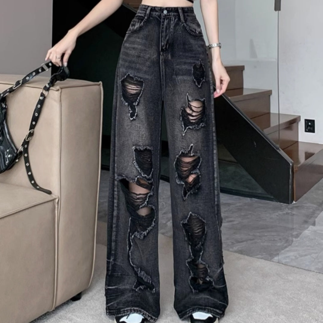 Unisex Wide-Leg Pants Distressed Textile Details