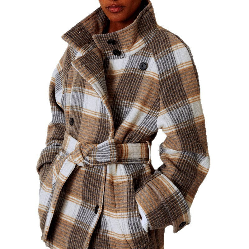 Women’s Plaid Long Coat with Waist Belt