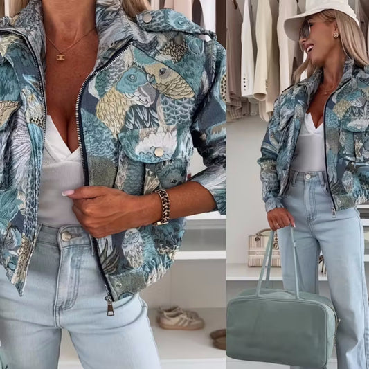 Women’s Printed Corduroy Jacket with Peacock Design
