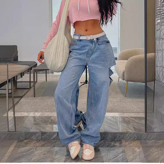Women’s Low-waist Loose-fit Ripped Jeans with Oblique Waist