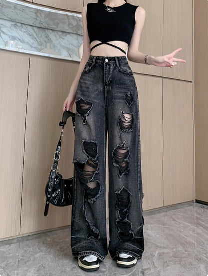 Unisex Wide-Leg Pants Distressed Textile Details