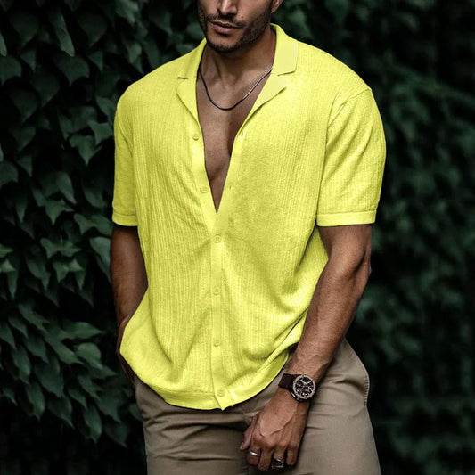 Men's short-sleeved shirt with a lapel collar and a textured surface