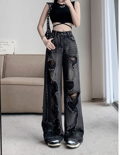Unisex Wide-Leg Pants Distressed Textile Details