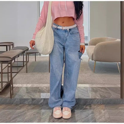 Women’s Low-waist Loose-fit Ripped Jeans with Oblique Waist