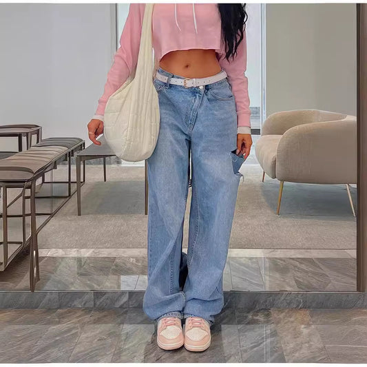 Women’s Low-waist Loose-fit Ripped Jeans with Oblique Waist