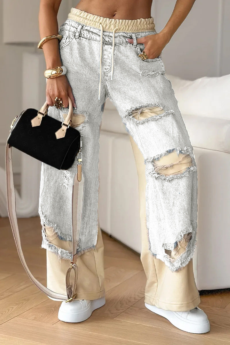 Unisex Straight-Leg Jeans Distressed Patchwork Adjustable Waist
