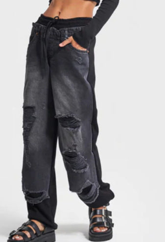 Unisex Straight-Leg Jeans Distressed Patchwork Adjustable Waist