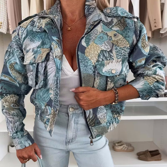 Women’s Printed Corduroy Jacket with Peacock Design