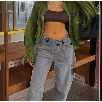 Women’s Low-waist Loose-fit Ripped Jeans with Oblique Waist