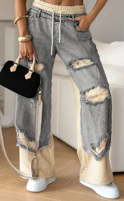 Unisex Straight-Leg Jeans Distressed Patchwork Adjustable Waist