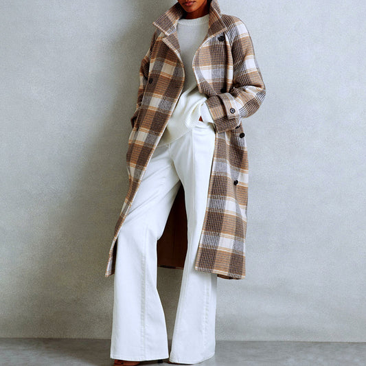 Women’s Plaid Long Coat with Waist Belt