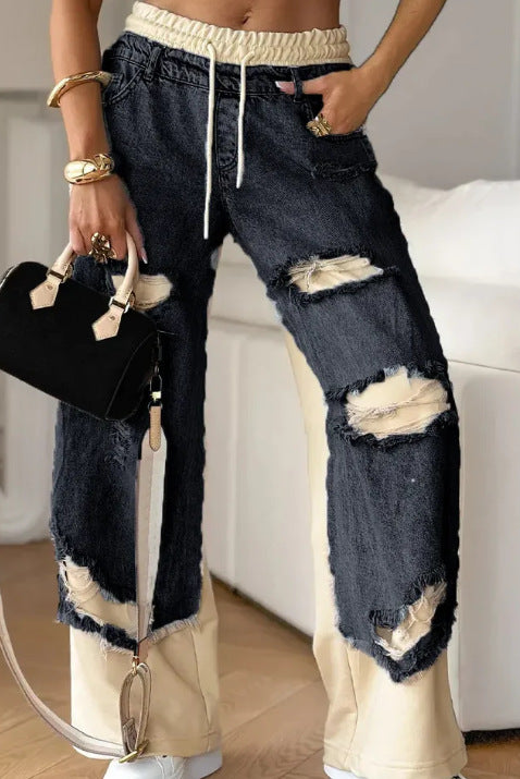 Unisex Straight-Leg Jeans Distressed Patchwork Adjustable Waist