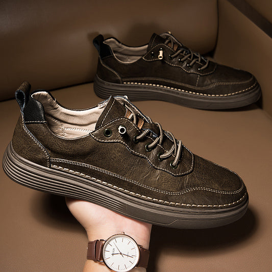 Unisex Low-top Cowhide Leather Lace-up Flat Shoes
