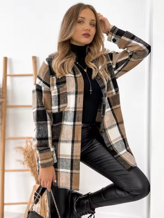 Checkered long-sleeved button-down shirt