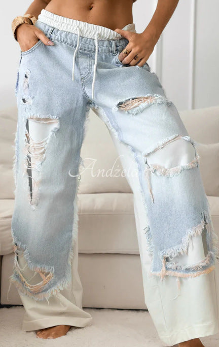 Unisex Straight-Leg Jeans Distressed Patchwork Adjustable Waist