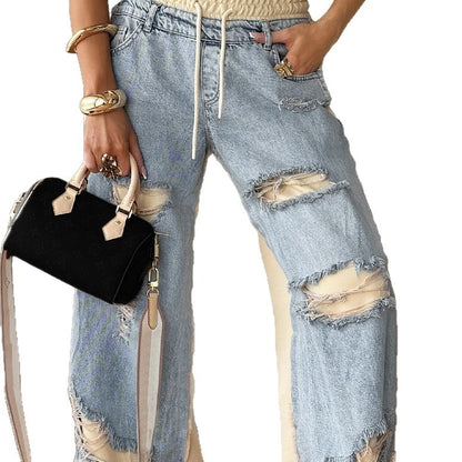 Unisex Straight-Leg Jeans Distressed Patchwork Adjustable Waist