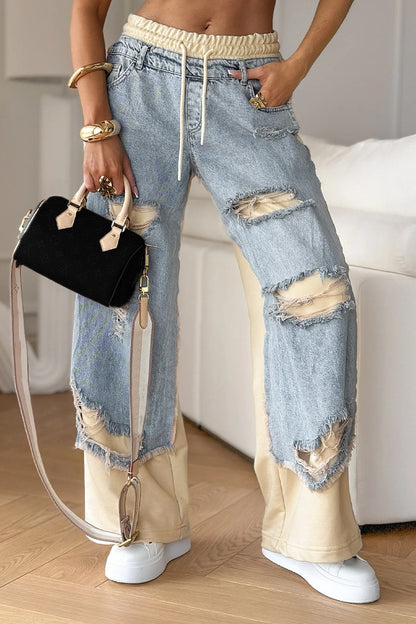 Unisex Straight-Leg Jeans Distressed Patchwork Adjustable Waist