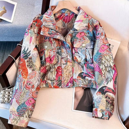 Women’s Printed Corduroy Jacket with Peacock Design